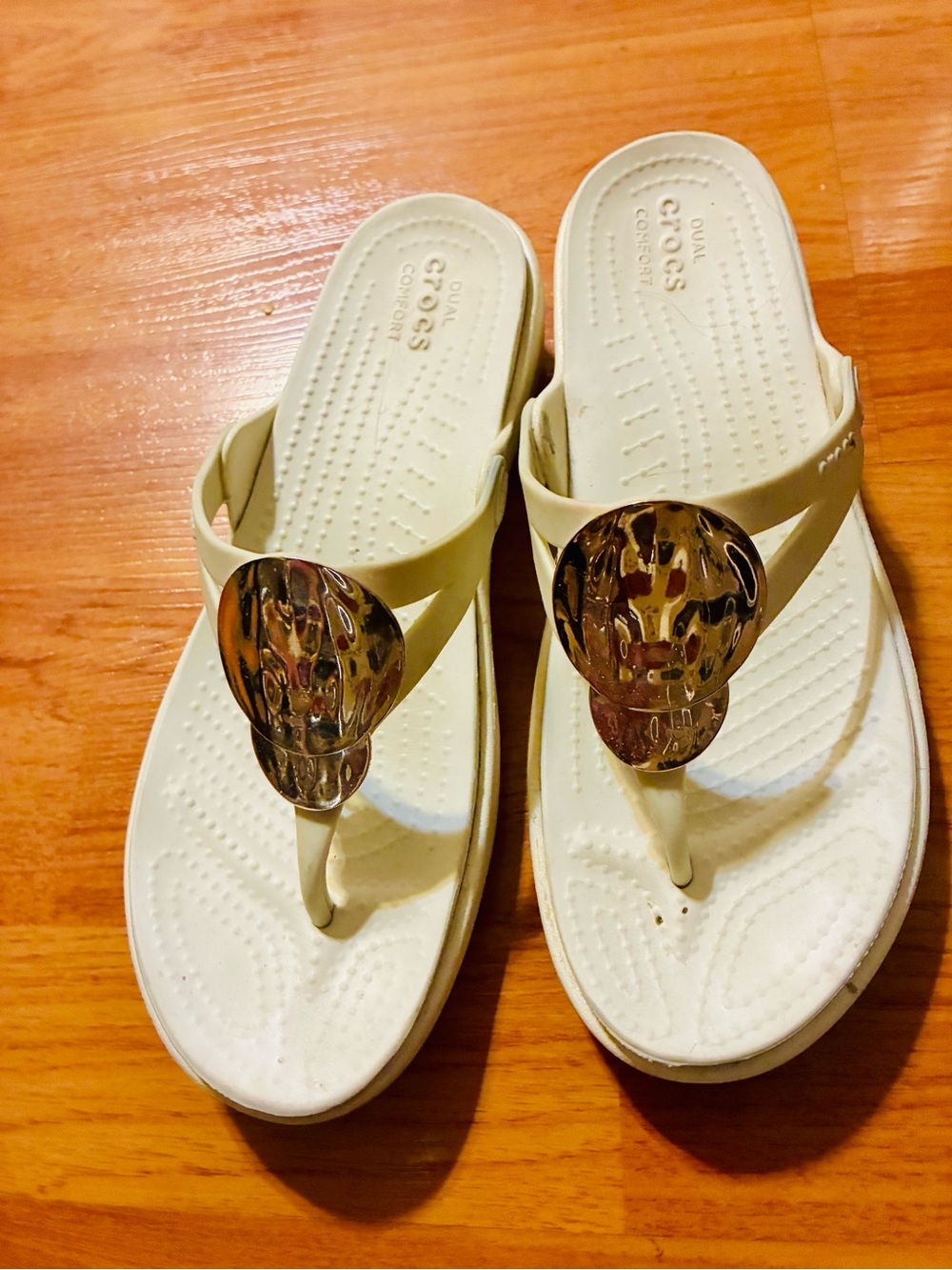 CROCS Cream Platform Thong Sandals with Metallic Orb Accent